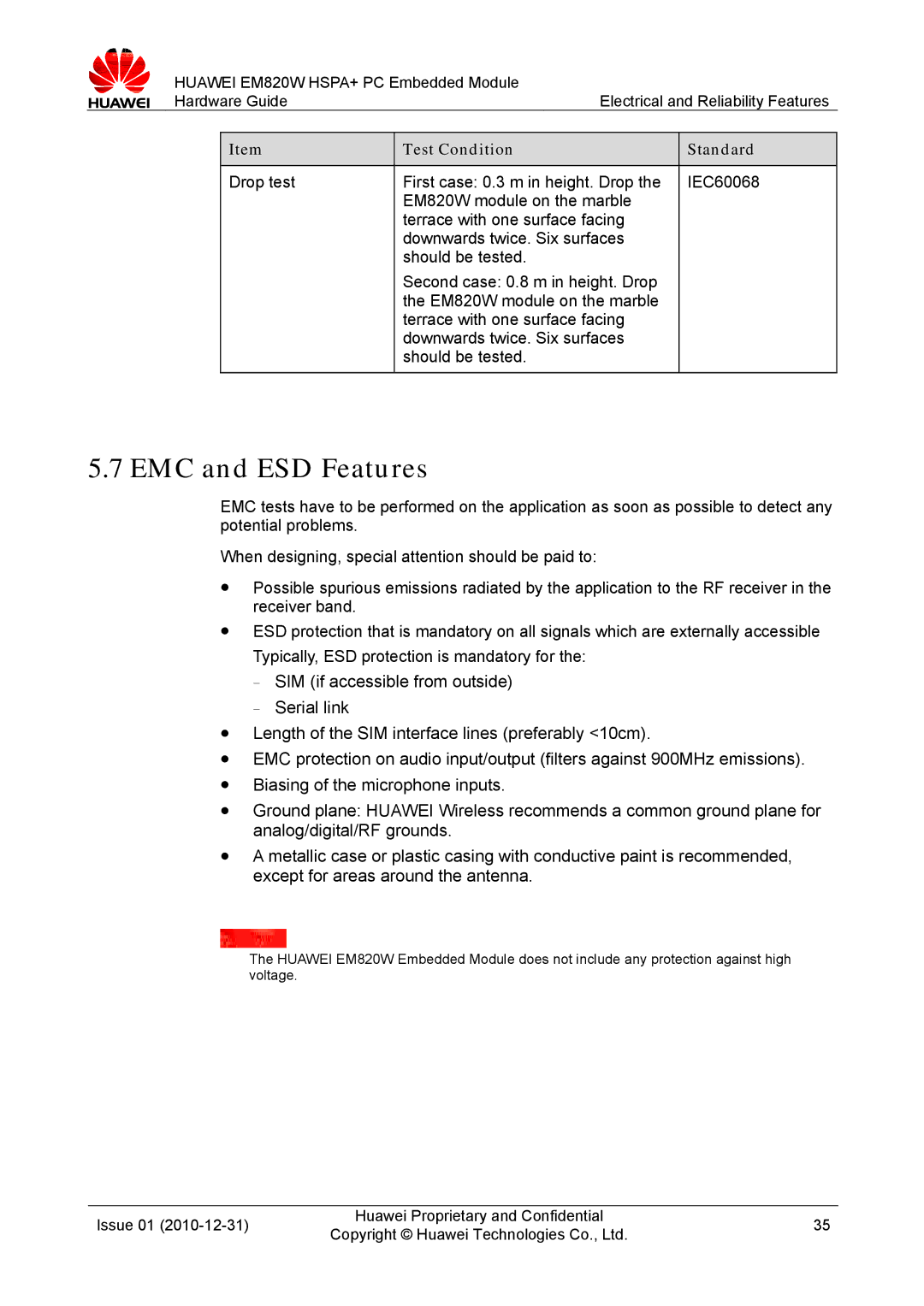 Huawei EM820W manual EMC and ESD Features 