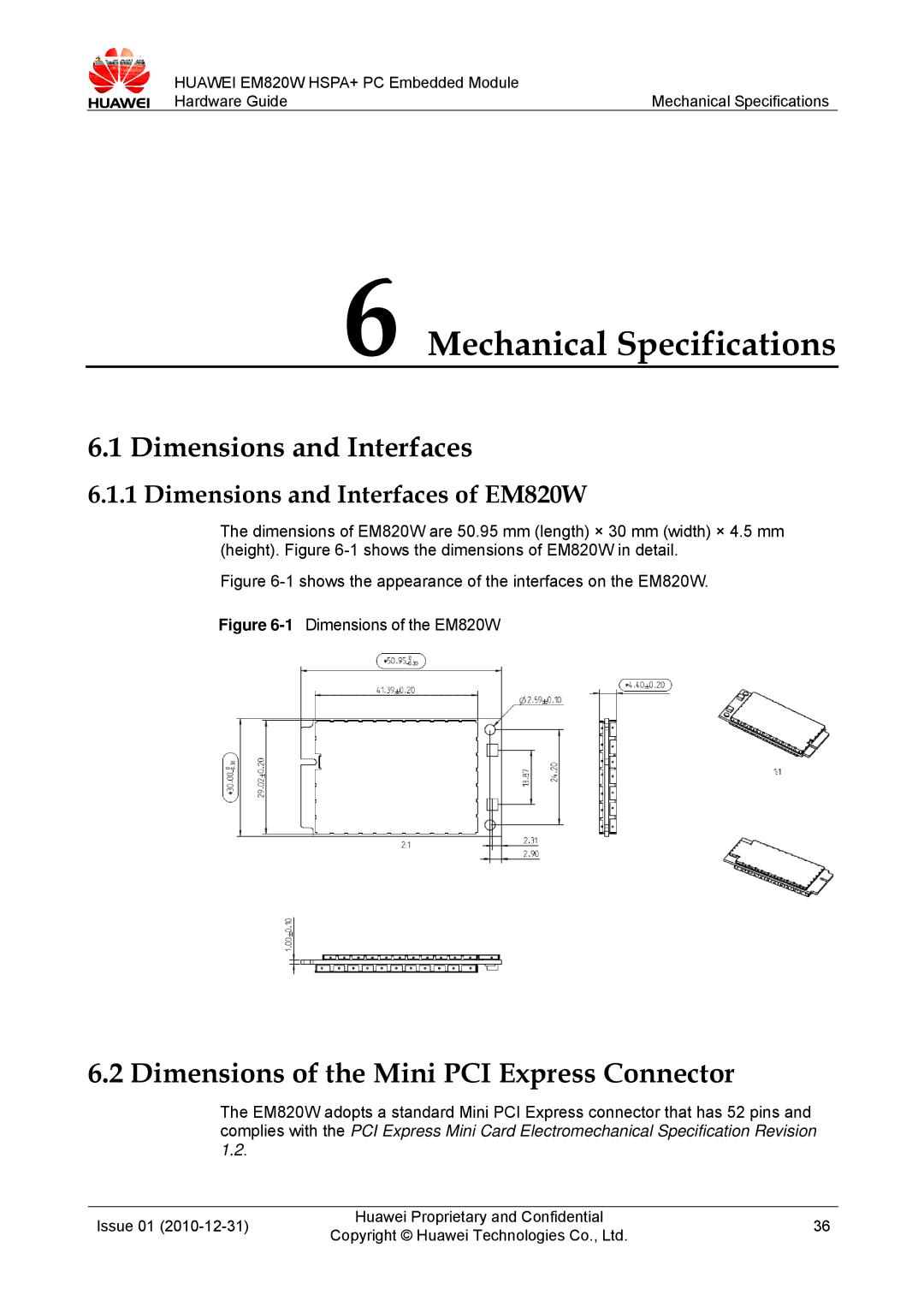 Huawei EM820W manual Mechanical Specifications, Dimensions and Interfaces, Dimensions of the Mini PCI Express Connector 