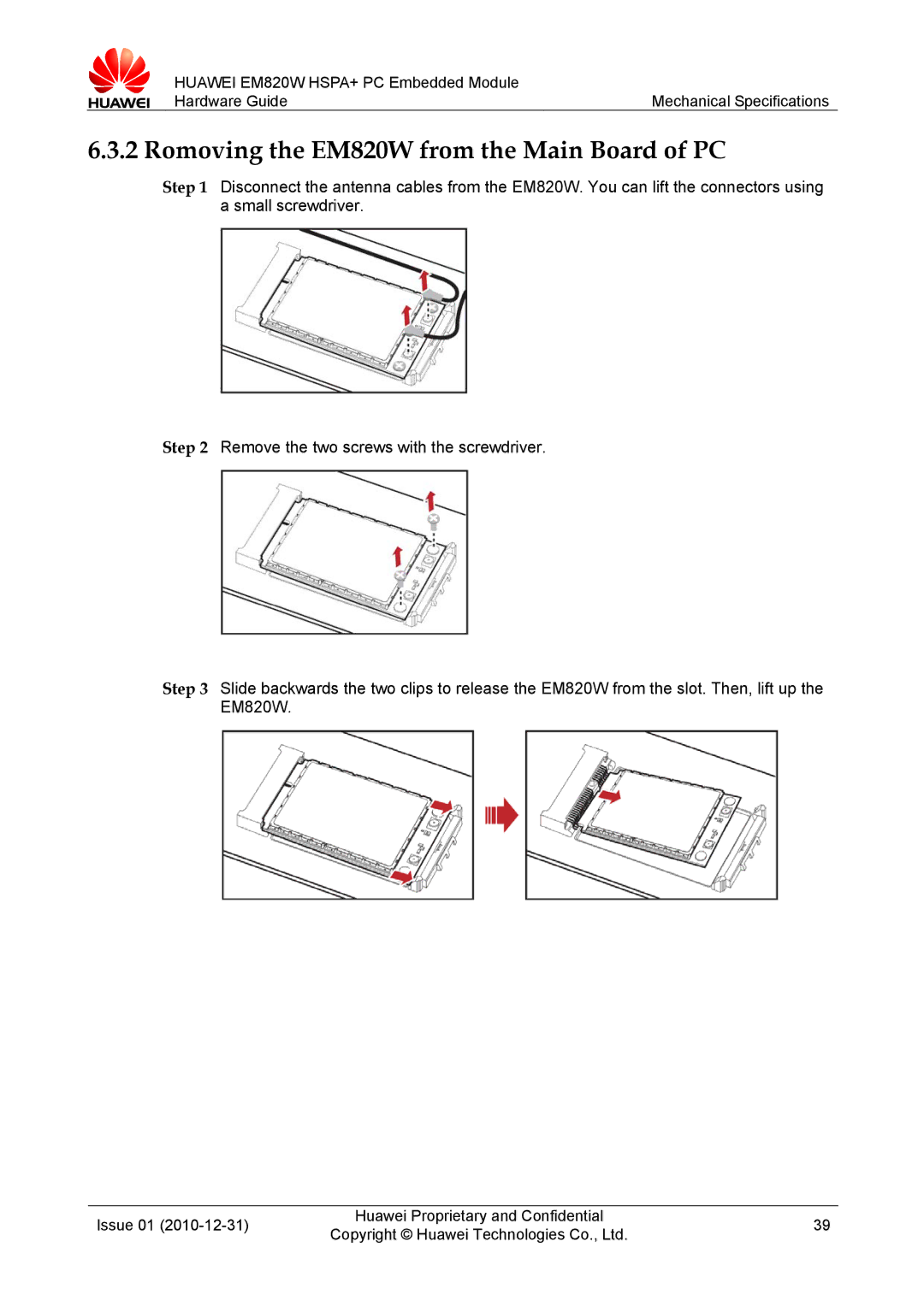 Huawei manual Romoving the EM820W from the Main Board of PC 