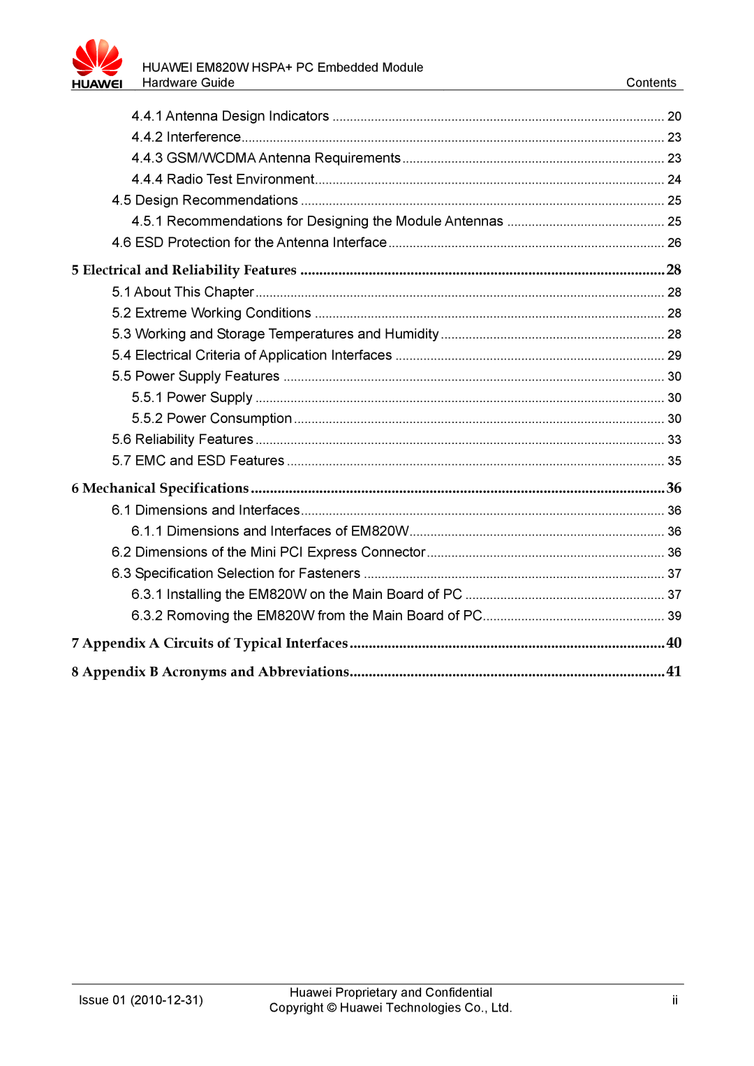 Huawei EM820W manual Recommendations for Designing the Module Antennas, Electrical and Reliability Features 