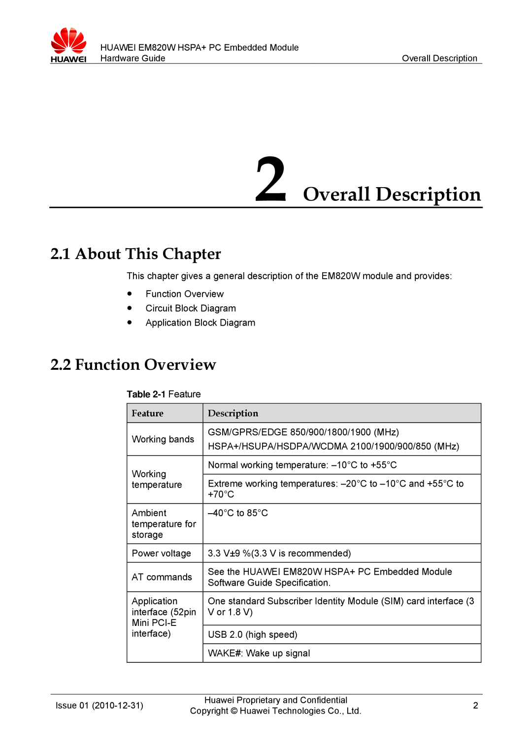 Huawei EM820W manual Overall Description, About This Chapter, Function Overview, Feature Description 