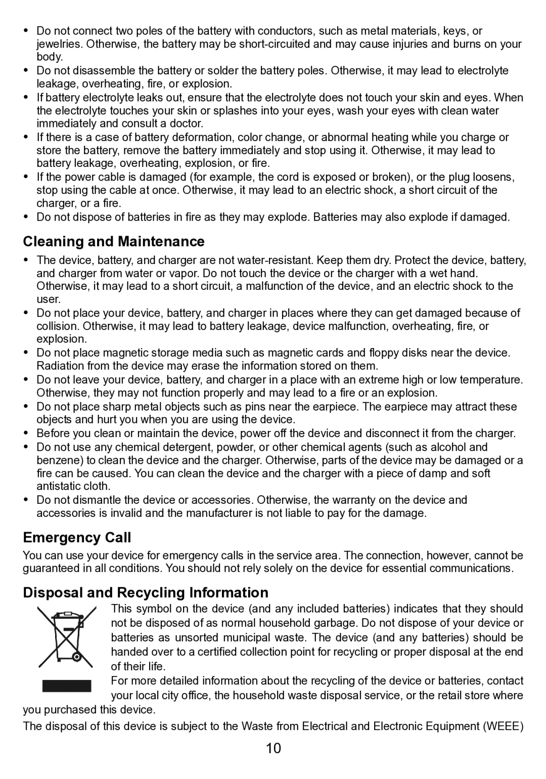 Huawei ETS3023 manual Cleaning and Maintenance, Emergency Call, Disposal and Recycling Information 