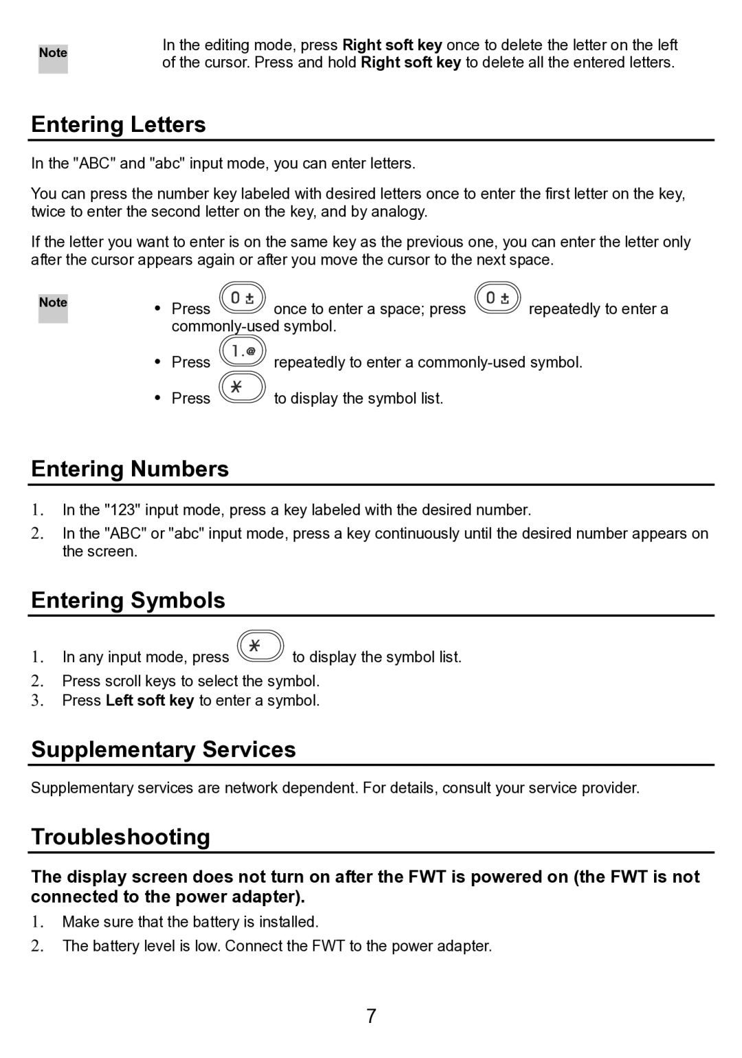 Huawei ETS3023 manual Entering Letters, Entering Numbers, Entering Symbols, Supplementary Services, Troubleshooting 