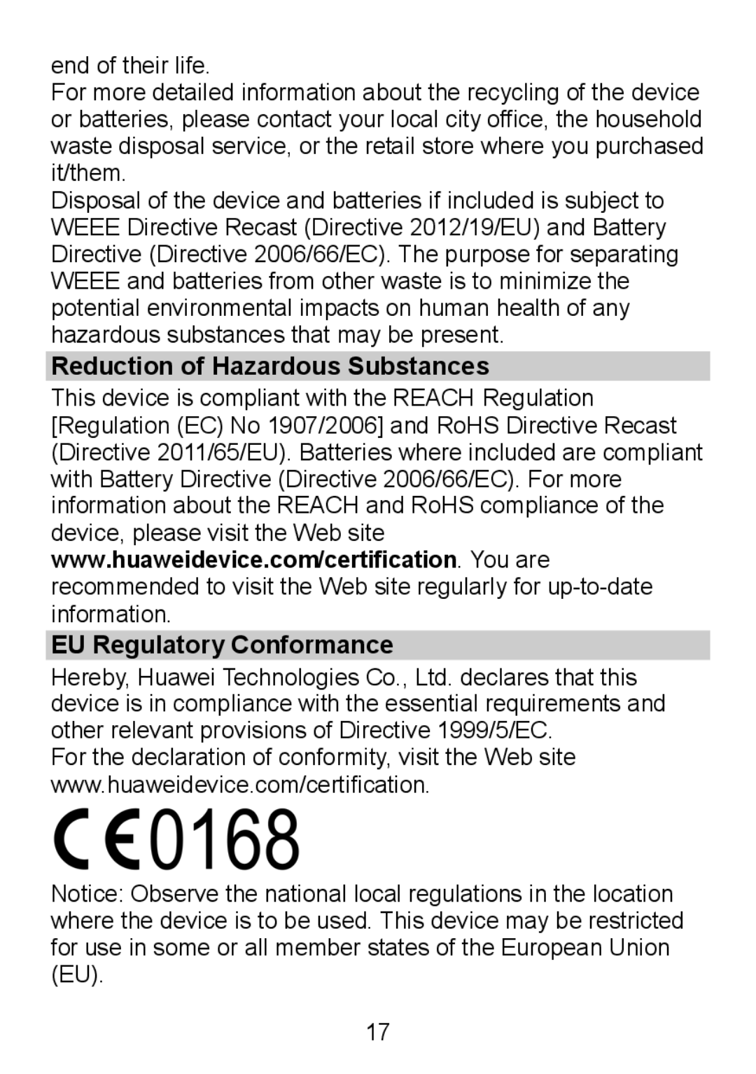 Huawei F360 manual Reduction of Hazardous Substances EU Regulatory Conformance 