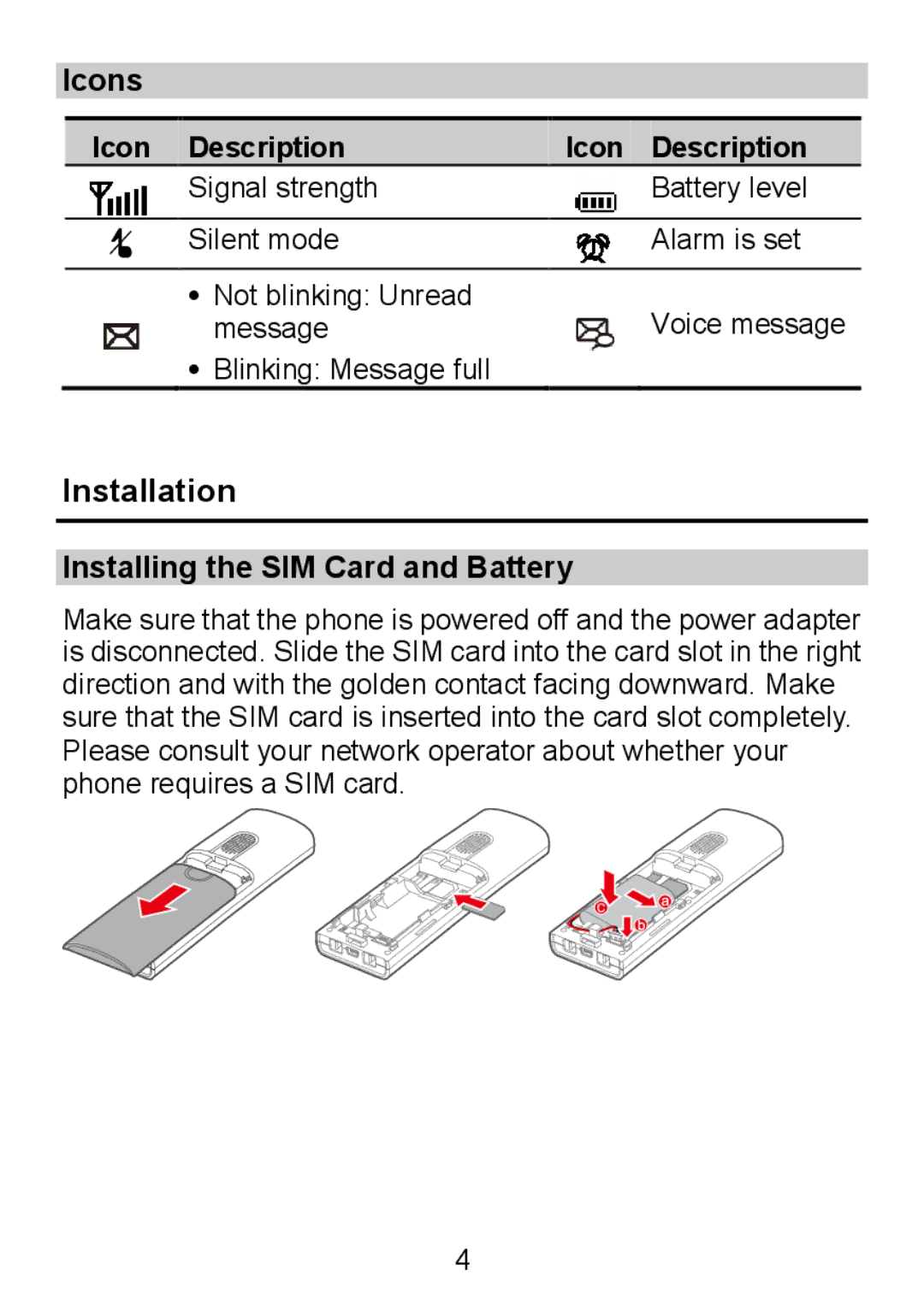 Huawei F360 manual Installation, Icons Icon Description, Installing the SIM Card and Battery 