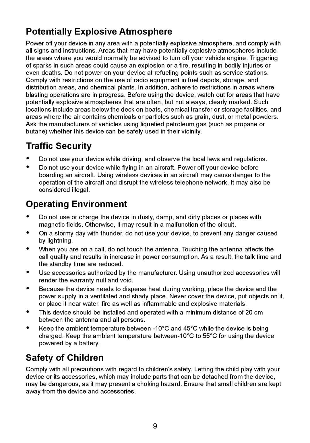 Huawei F610 manual Potentially Explosive Atmosphere, Traffic Security, Operating Environment, Safety of Children 