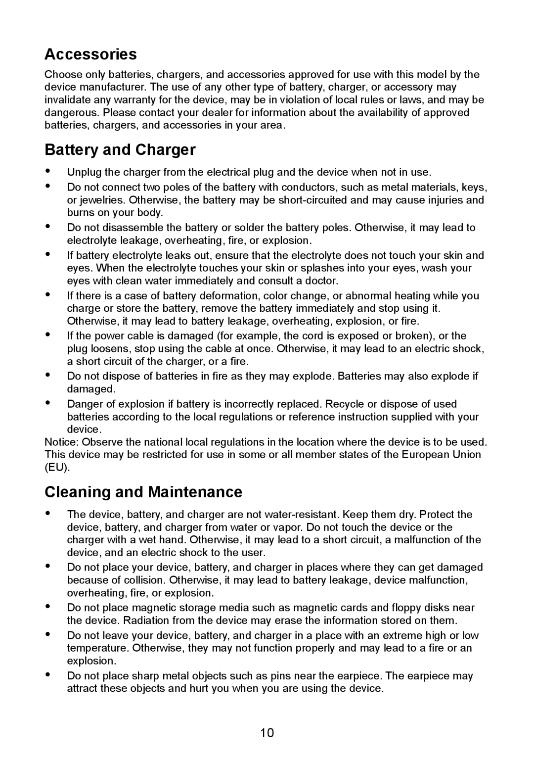 Huawei F610 manual Accessories, Battery and Charger, Cleaning and Maintenance 