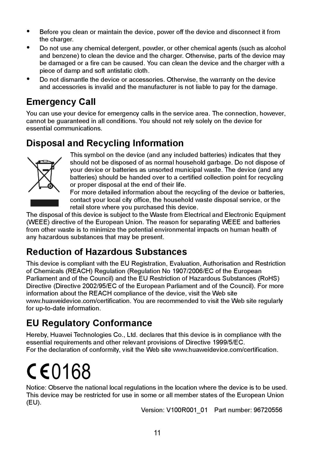 Huawei F610 manual Emergency Call, Disposal and Recycling Information 