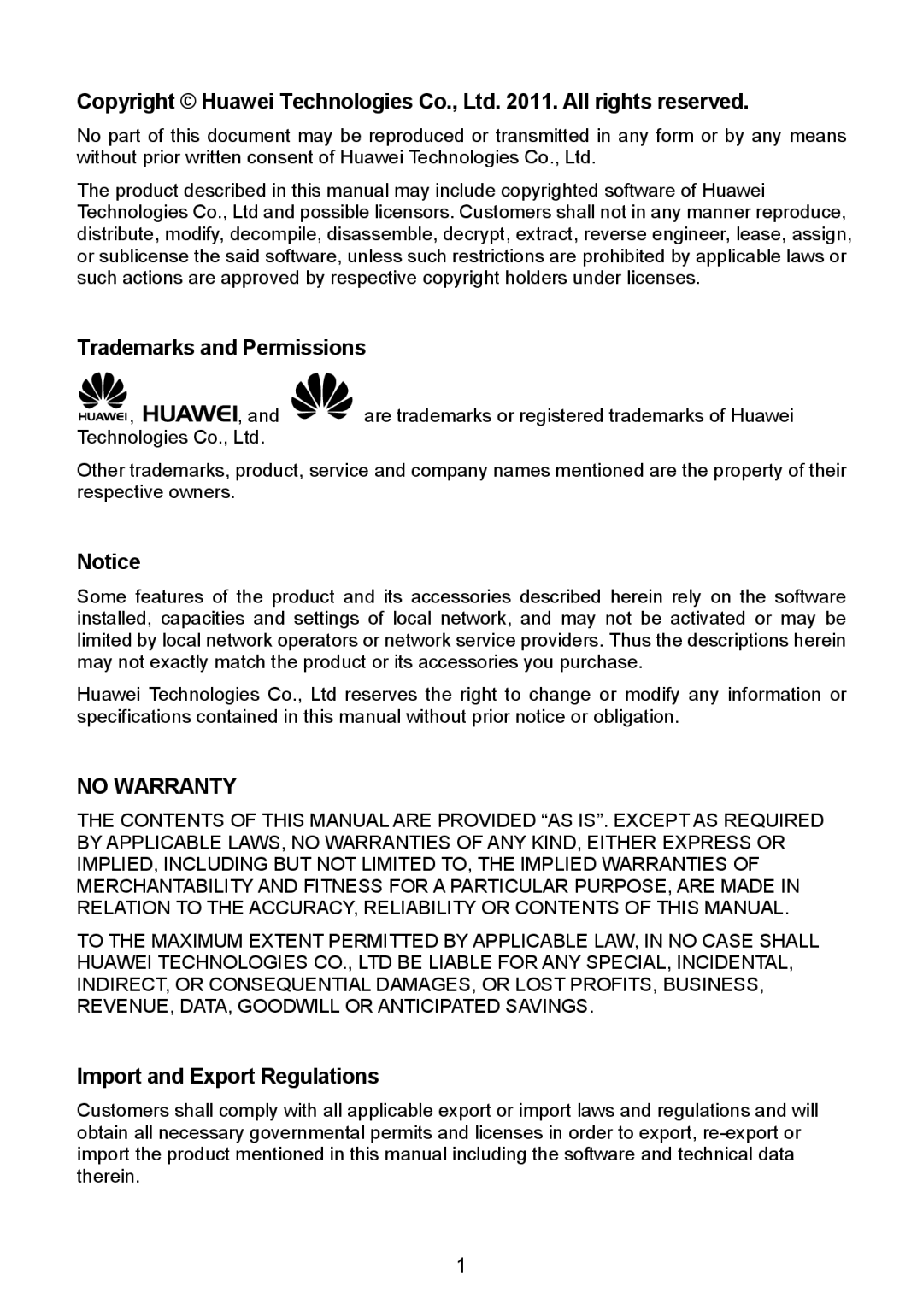 Huawei F610 manual Trademarks and Permissions, Import and Export Regulations 