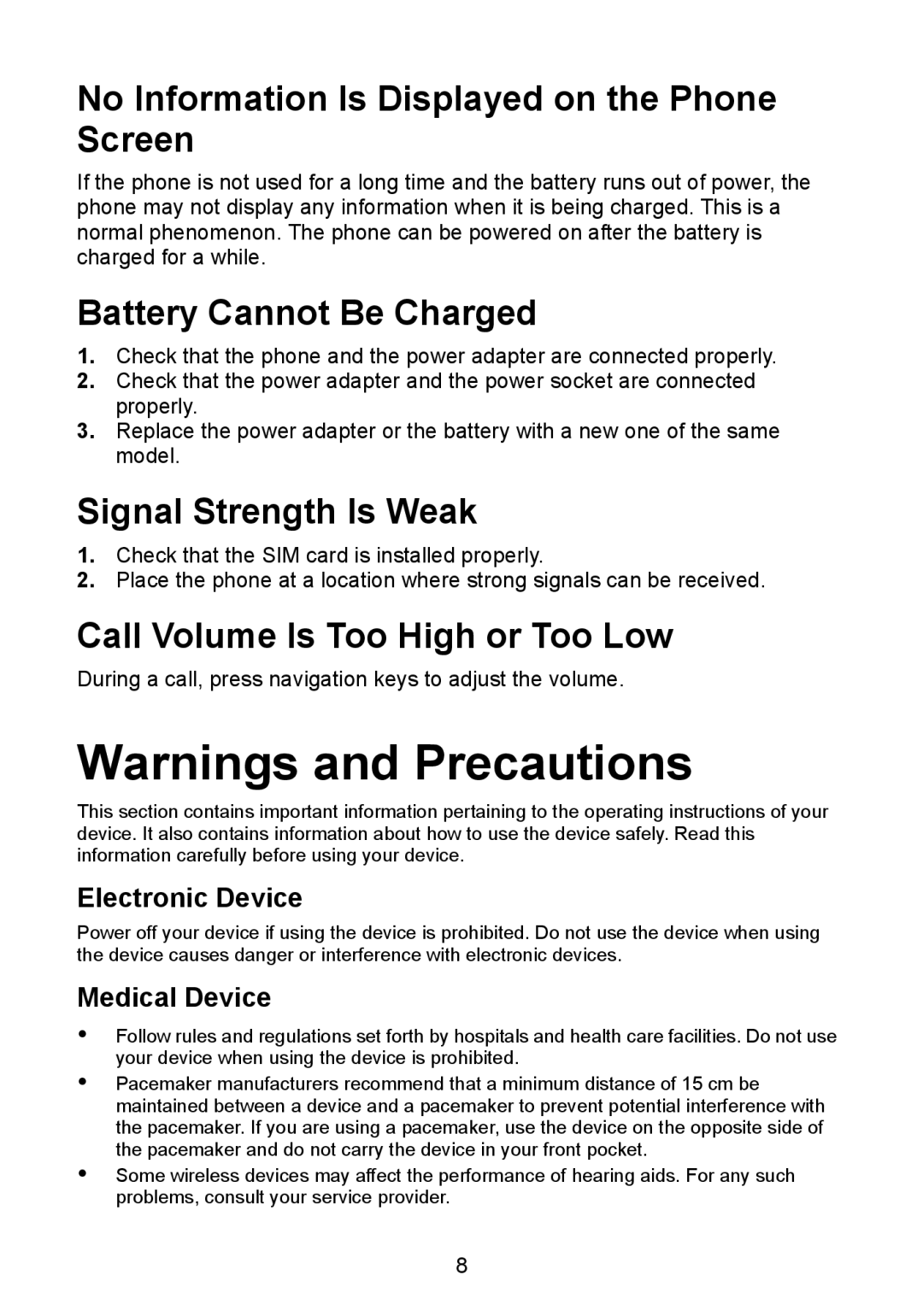 Huawei F610 manual No Information Is Displayed on the Phone Screen, Battery Cannot Be Charged, Signal Strength Is Weak 