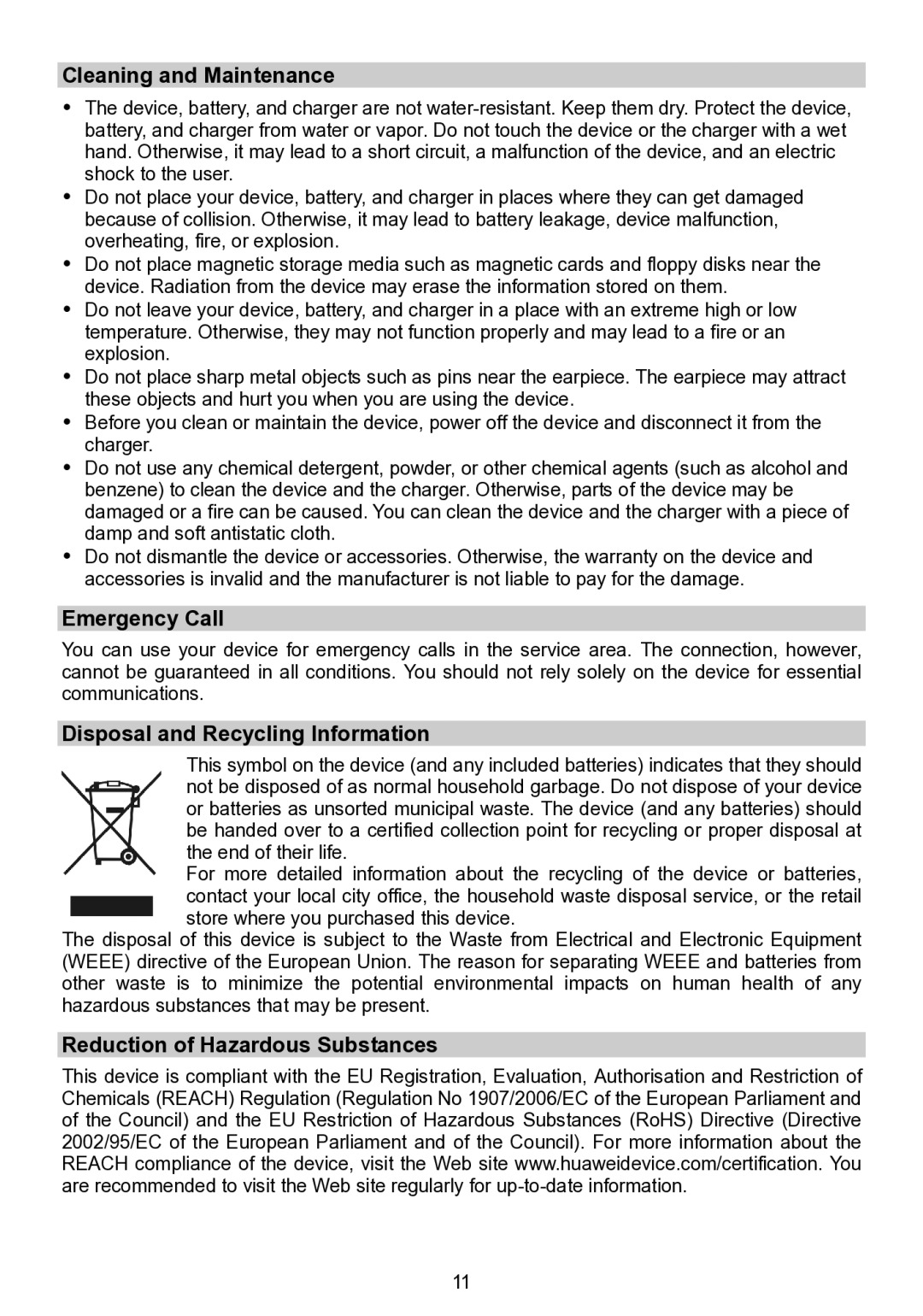 Huawei F685 manual Cleaning and Maintenance, Emergency Call, Disposal and Recycling Information 