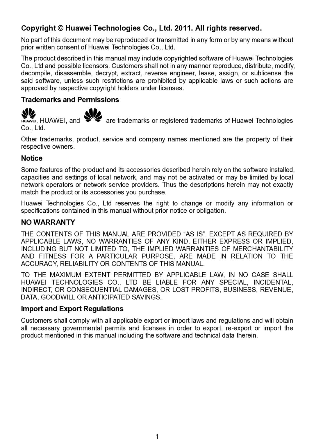 Huawei F685 manual Trademarks and Permissions, Import and Export Regulations 