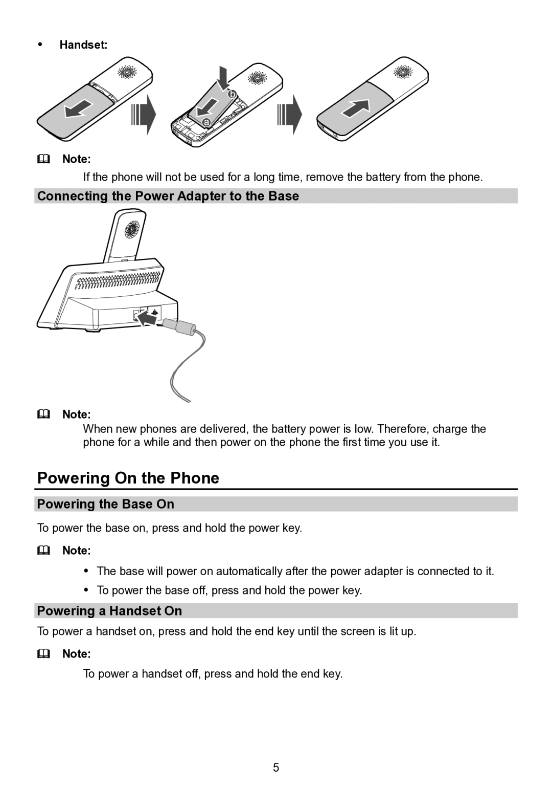 Huawei F685 Powering On the Phone, Connecting the Power Adapter to the Base, Powering the Base On, Powering a Handset On 