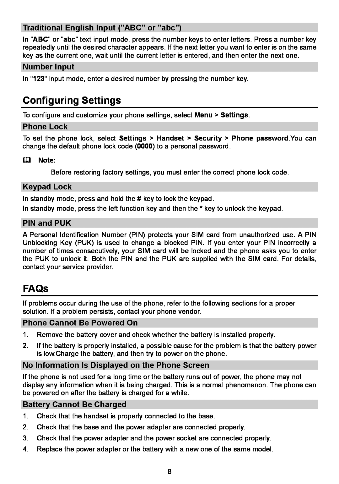 Huawei F685 manual Configuring Settings, FAQs, Traditional English Input ABC or abc, Number Input, Phone Lock, Keypad Lock 