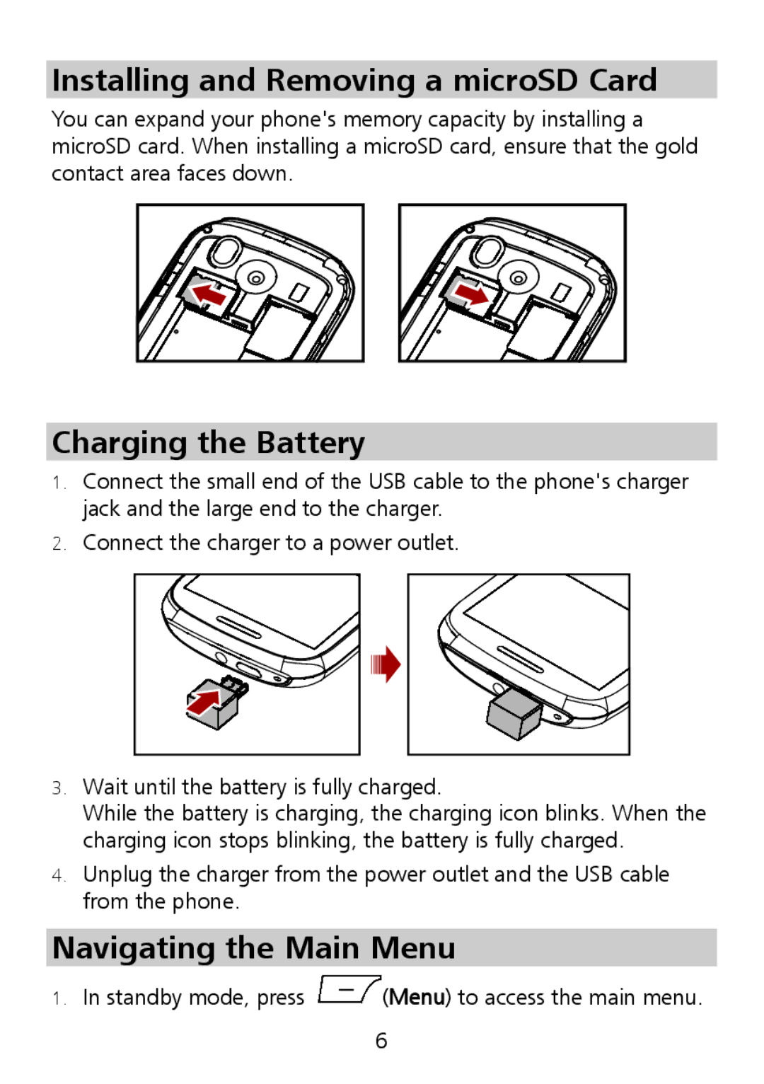 Huawei G6151 manual Installing and Removing a microSD Card, Charging the Battery, Navigating the Main Menu 