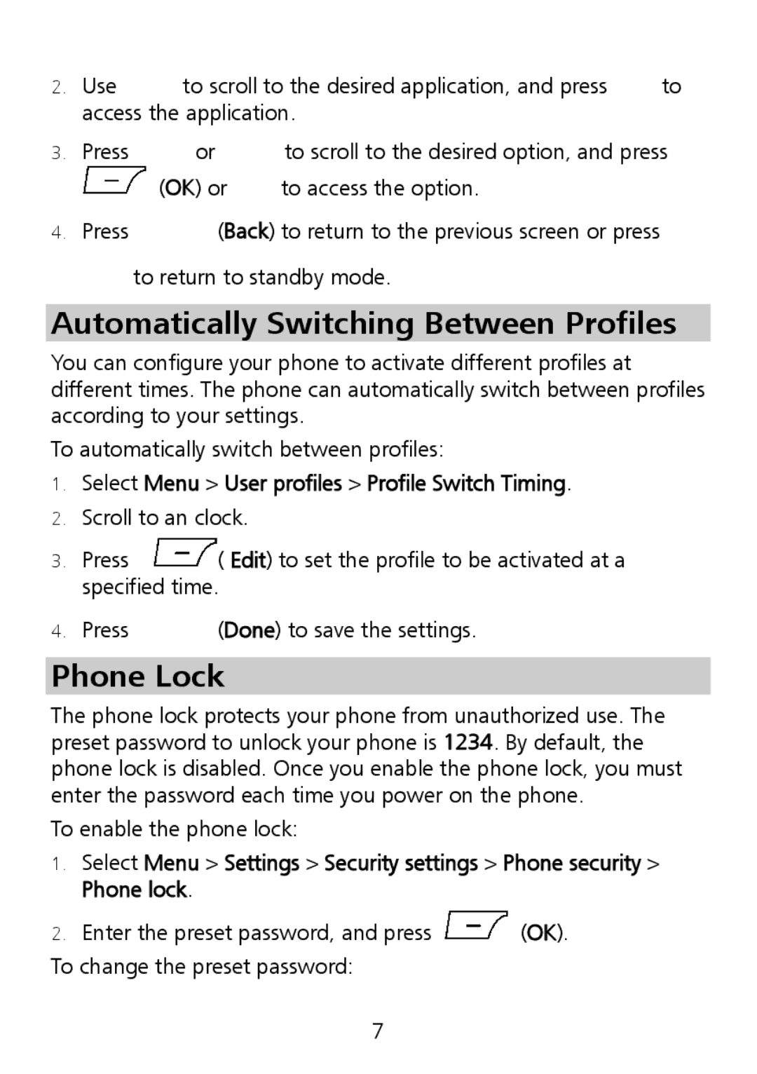 Huawei G6151 manual Automatically Switching Between Profiles, Phone Lock, Select Menu User profiles Profile Switch Timing 