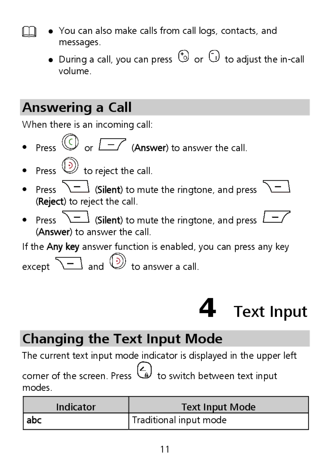 Huawei G6151 manual Answering a Call, Changing the Text Input Mode, Abc 