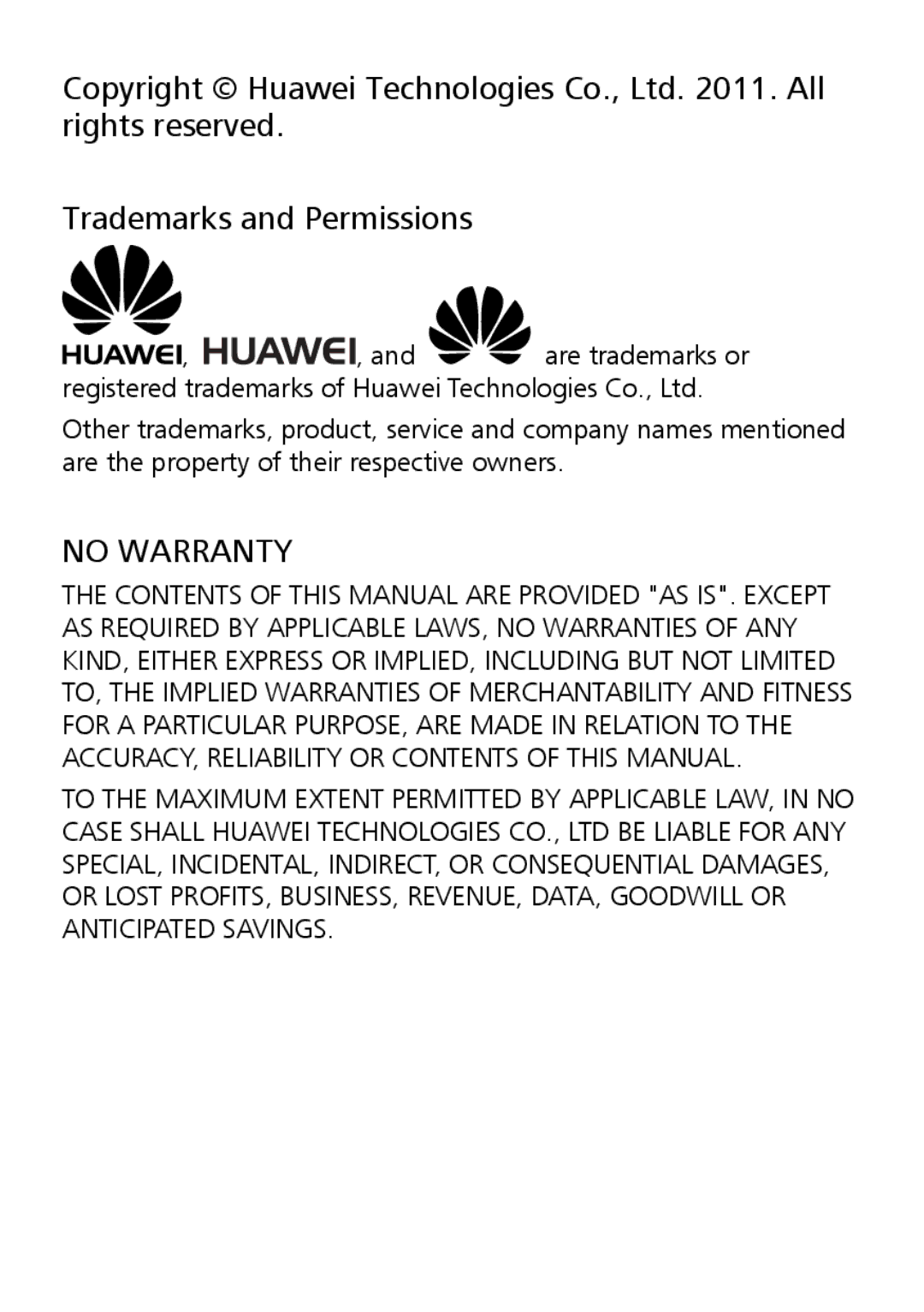 Huawei G6151 manual Trademarks and Permissions, No Warranty 