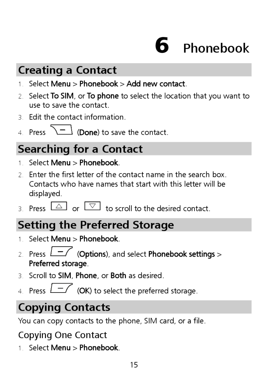 Huawei G6151 manual Phonebook, Creating a Contact, Searching for a Contact, Setting the Preferred Storage, Copying Contacts 