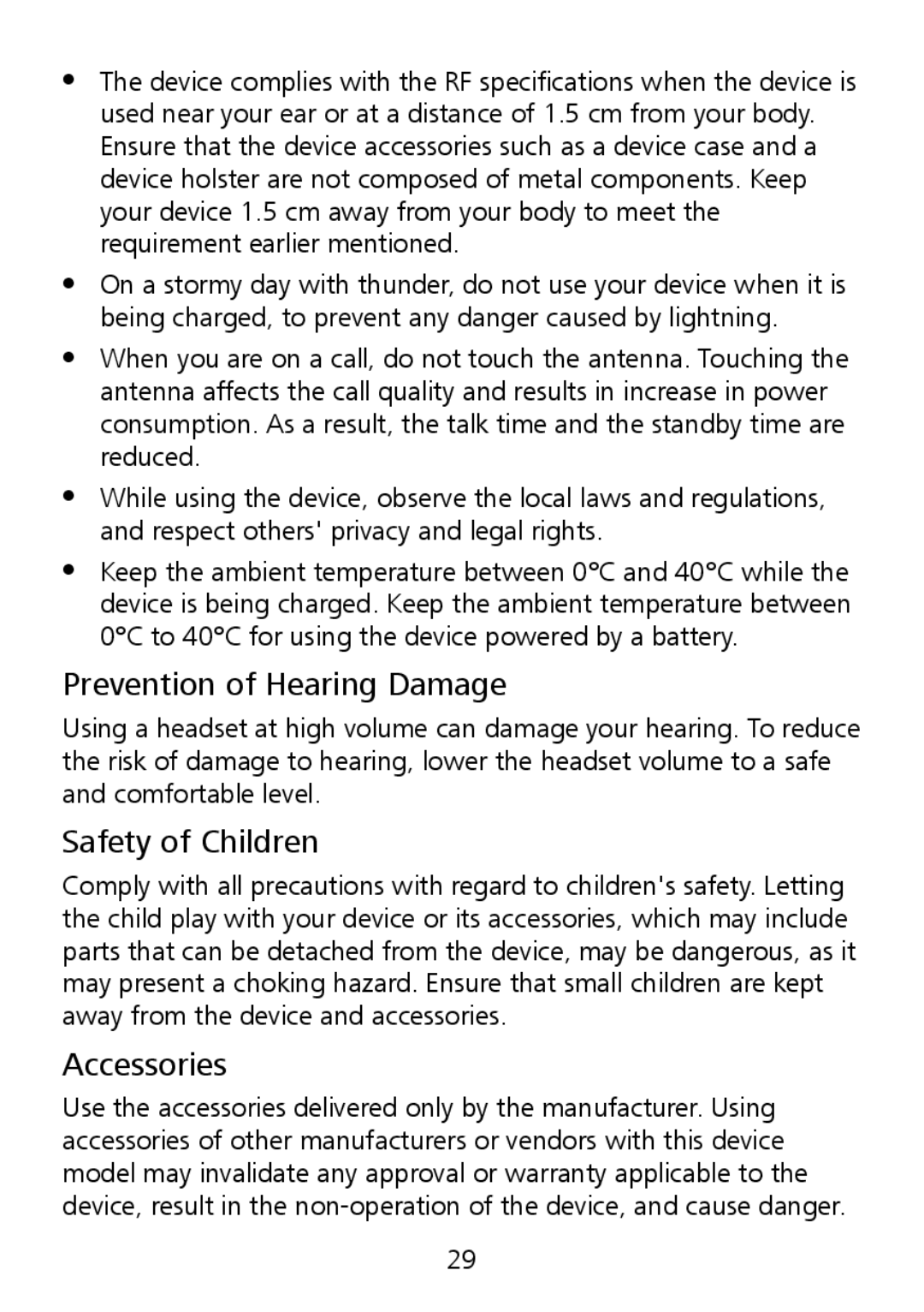 Huawei G6151 manual Prevention of Hearing Damage, Safety of Children, Accessories 