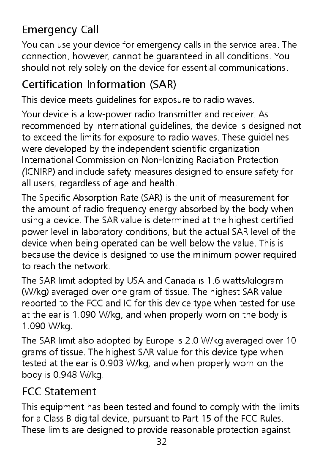 Huawei G6151 manual Emergency Call, Certification Information SAR, FCC Statement 