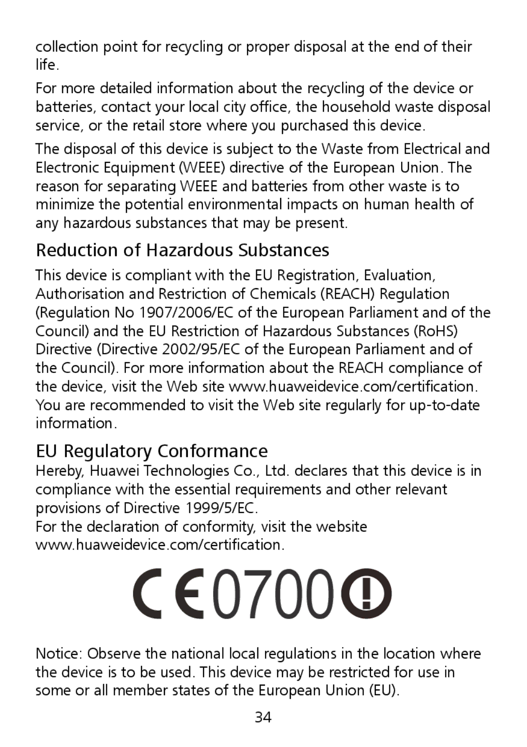 Huawei G6151 manual 0700, Reduction of Hazardous Substances EU Regulatory Conformance 