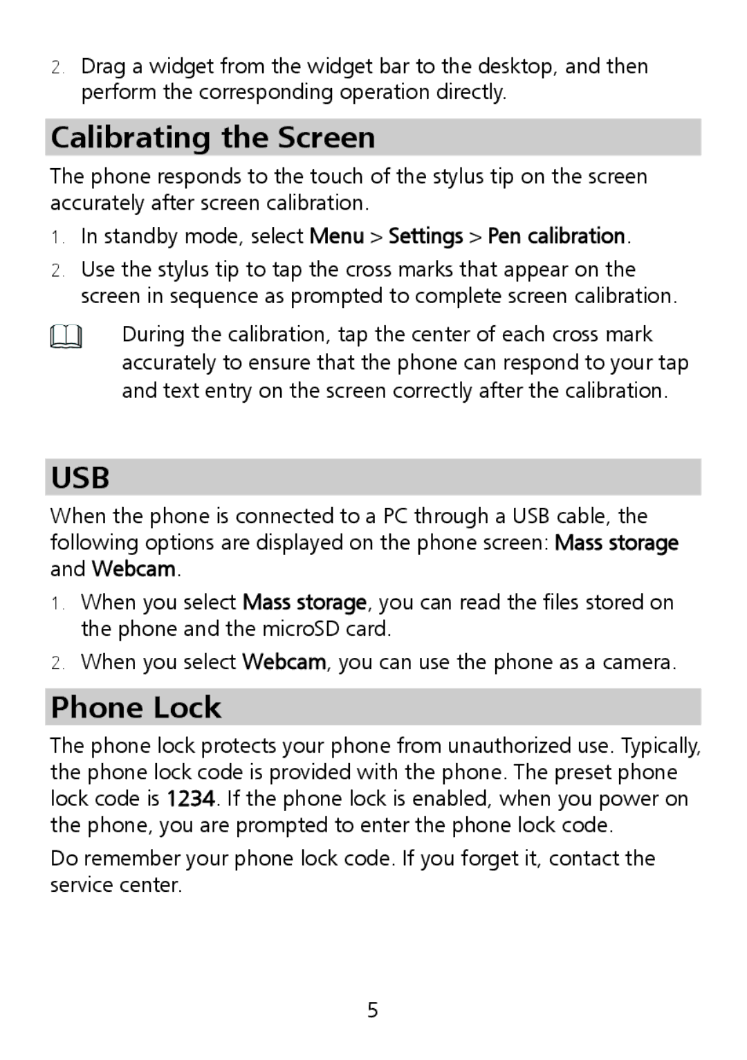 Huawei G7002 manual Calibrating the Screen, Phone Lock 