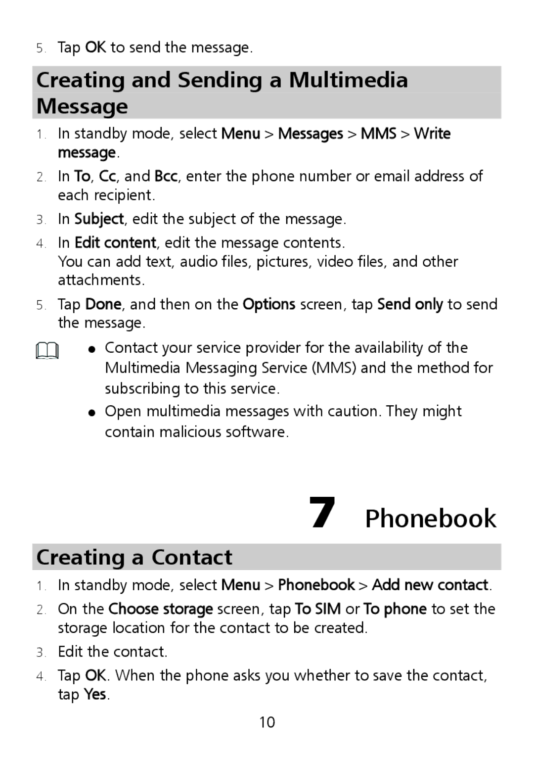 Huawei G7002 manual Phonebook, Creating and Sending a Multimedia Message, Creating a Contact 