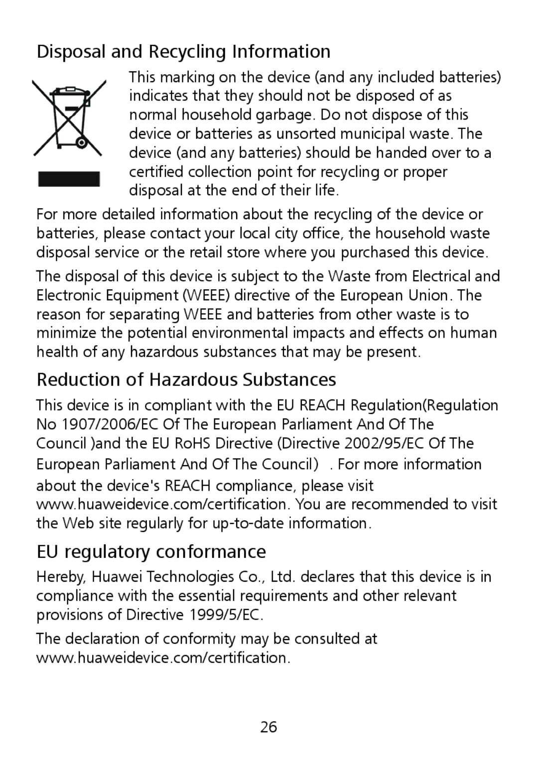 Huawei G7002 manual Disposal and Recycling Information, Reduction of Hazardous Substances, EU regulatory conformance 