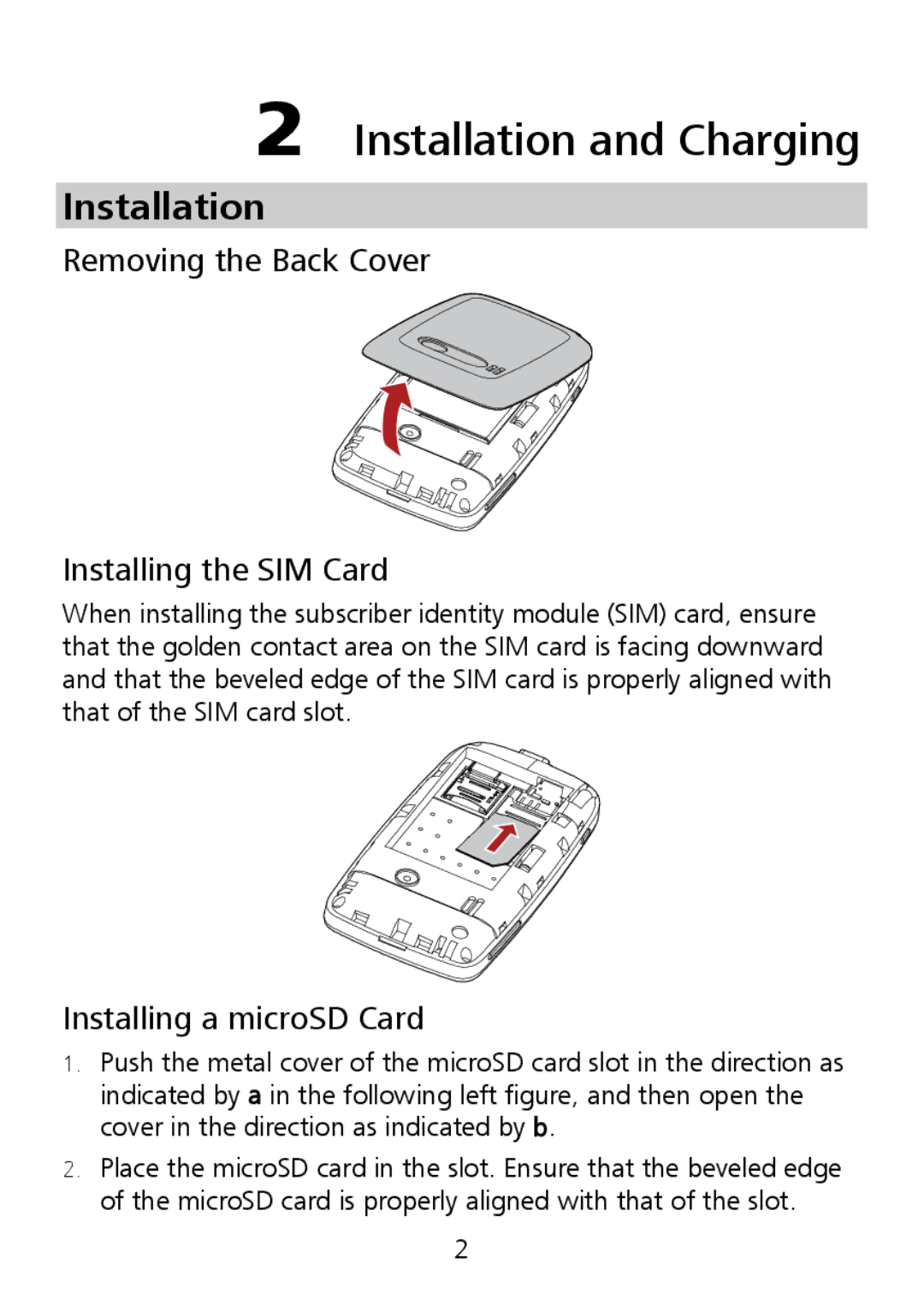 Huawei G7002 manual Installation and Charging, Removing the Back Cover Installing the SIM Card, Installing a microSD Card 