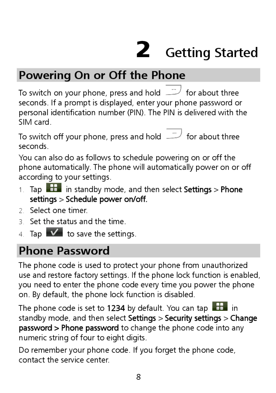 Huawei G7010 manual Getting Started, Powering On or Off the Phone, Phone Password 