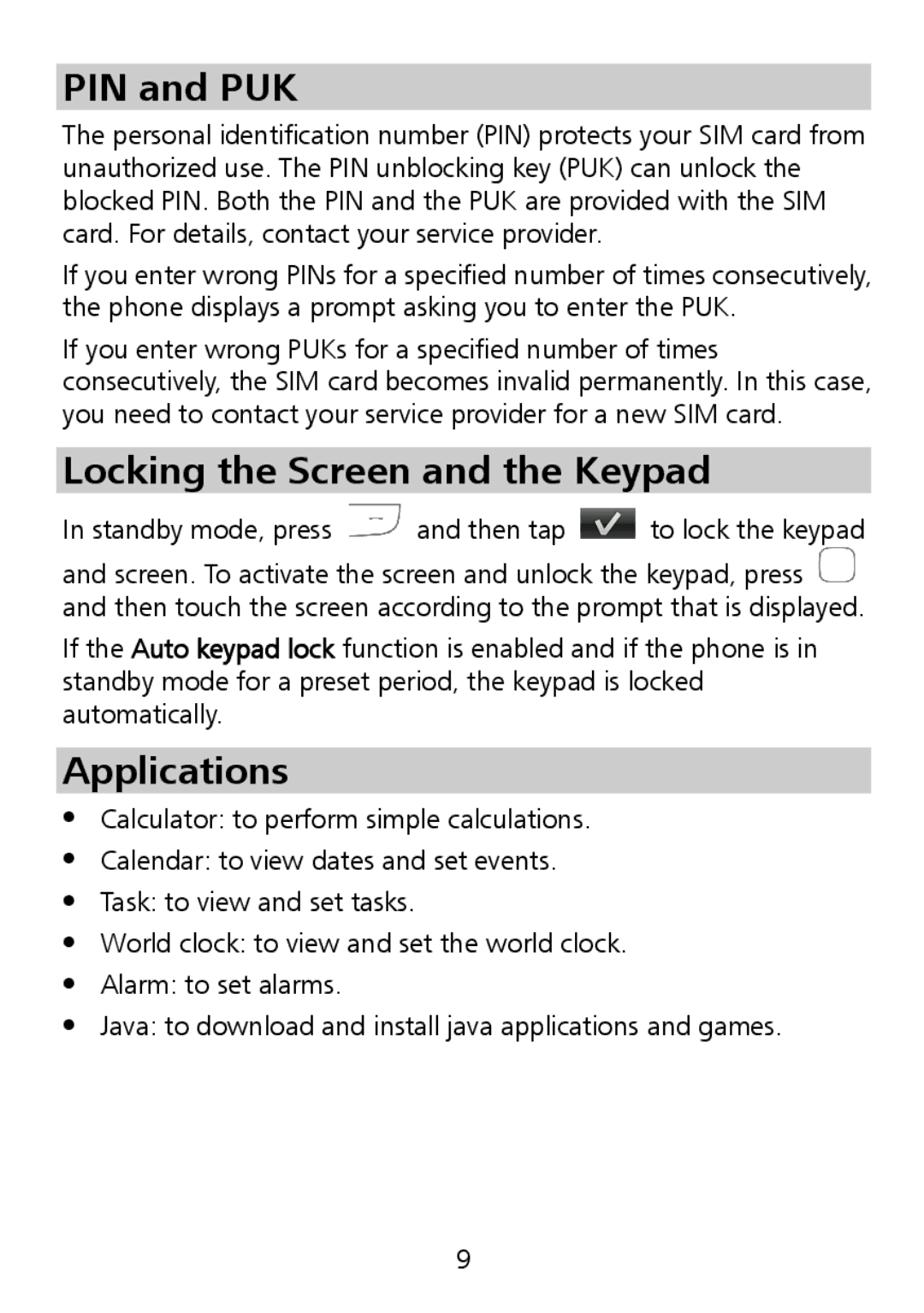 Huawei G7010 manual PIN and PUK, Locking the Screen and the Keypad, Applications 