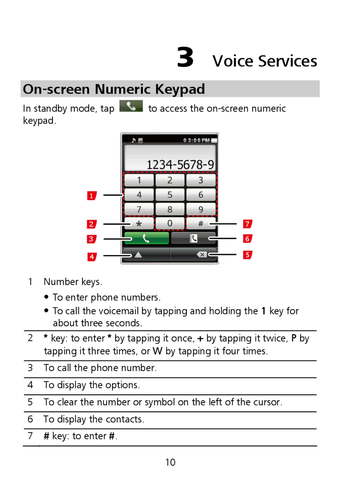 Huawei G7010 manual Voice Services, On-screen Numeric Keypad 