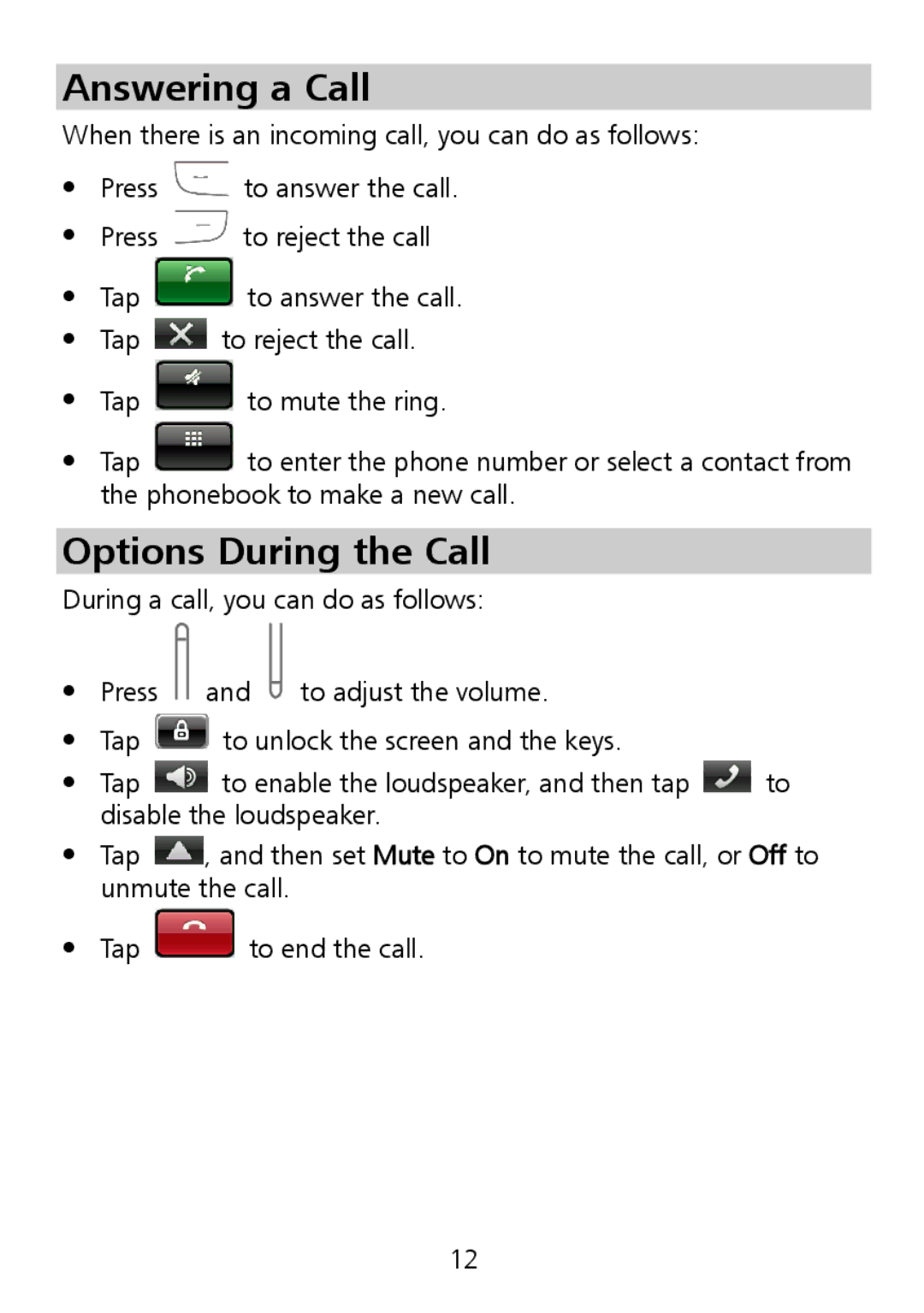 Huawei G7010 manual Answering a Call, Options During the Call 