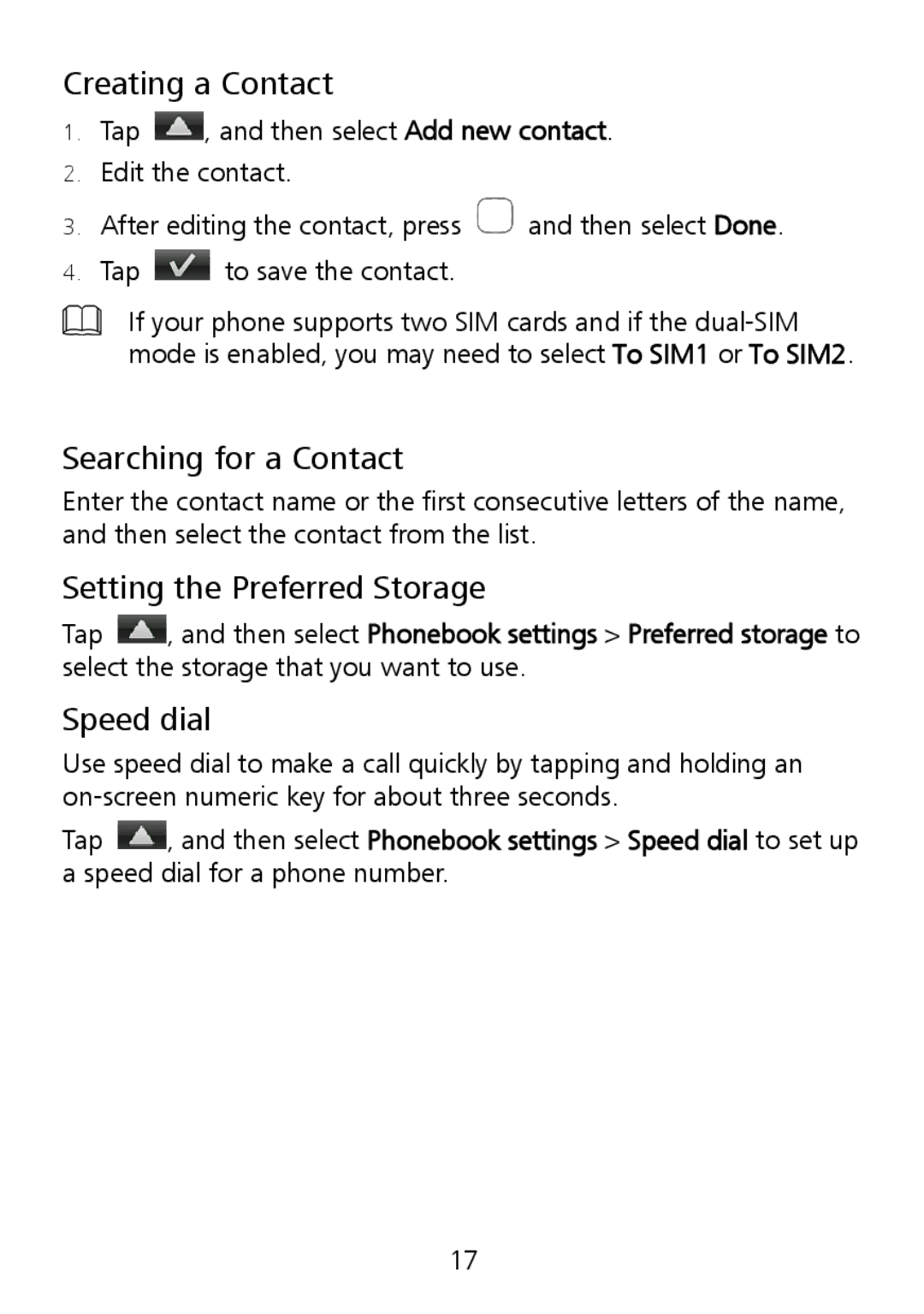 Huawei G7010 manual Creating a Contact, Searching for a Contact, Setting the Preferred Storage, Speed dial 