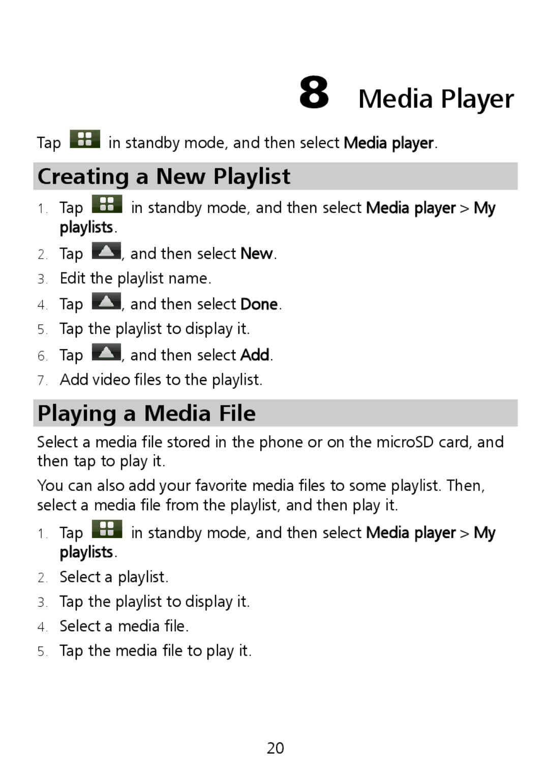 Huawei G7010 manual Media Player, Creating a New Playlist, Playing a Media File 