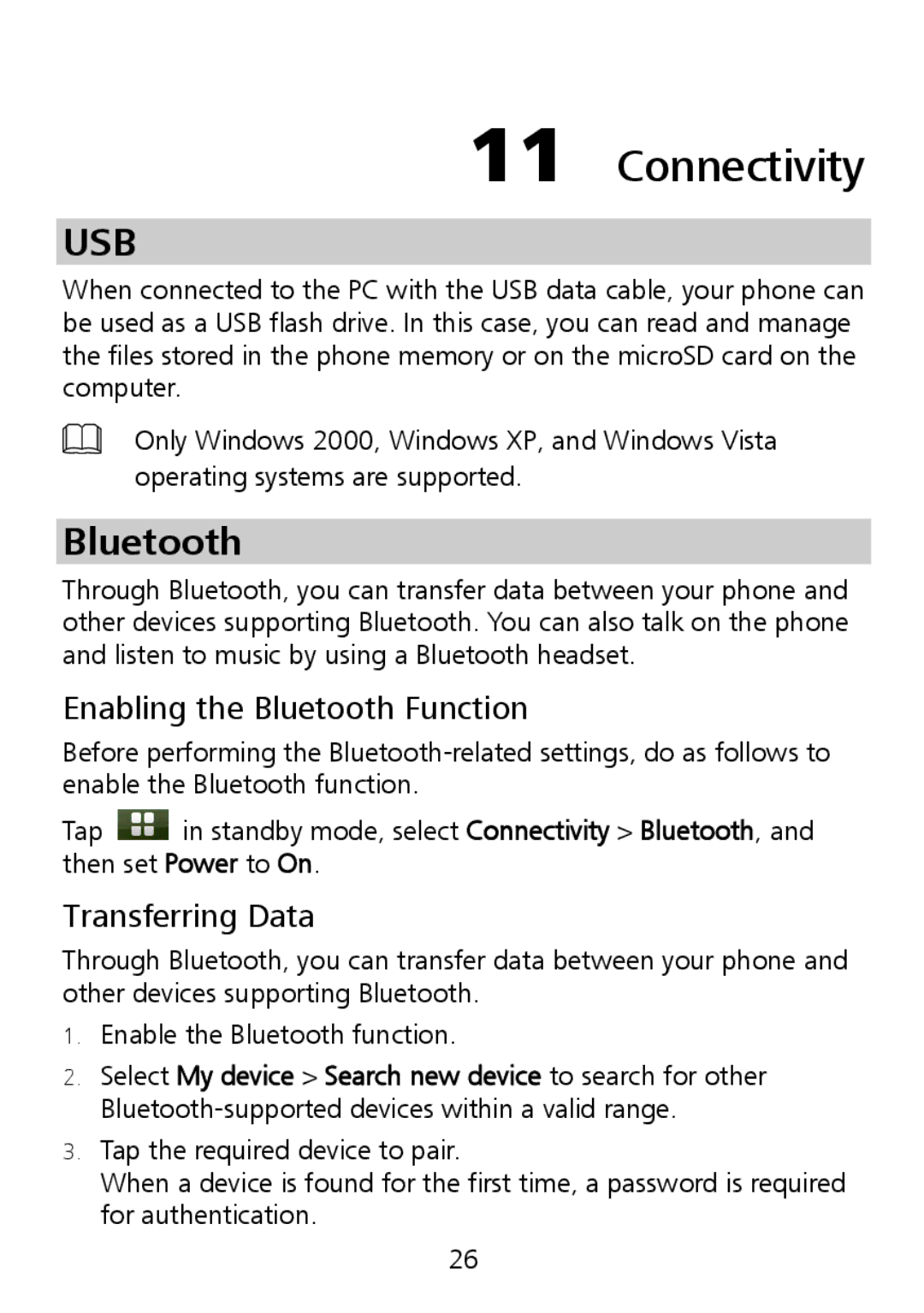 Huawei G7010 manual Connectivity, Enabling the Bluetooth Function, Transferring Data 