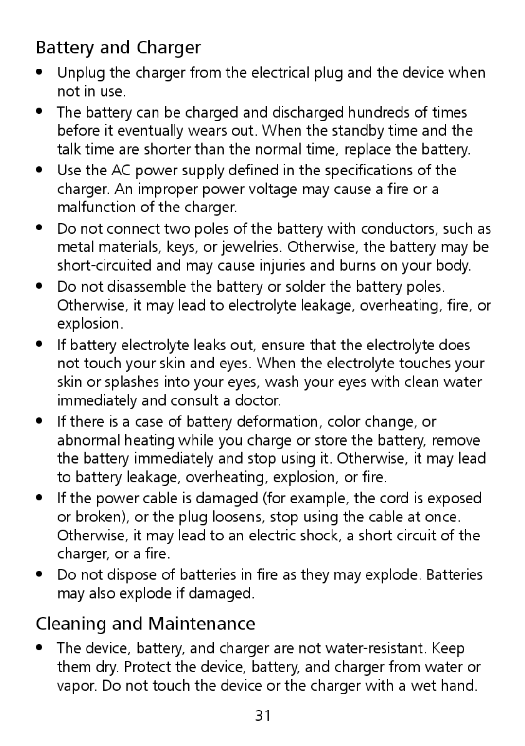 Huawei G7010 manual Battery and Charger, Cleaning and Maintenance 