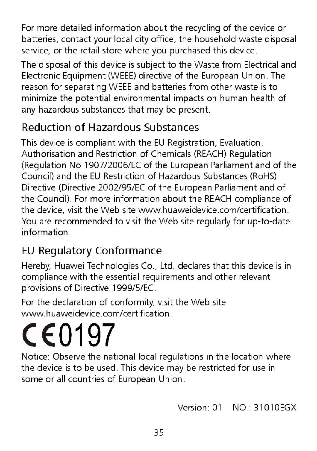 Huawei G7010 manual Reduction of Hazardous Substances EU Regulatory Conformance 