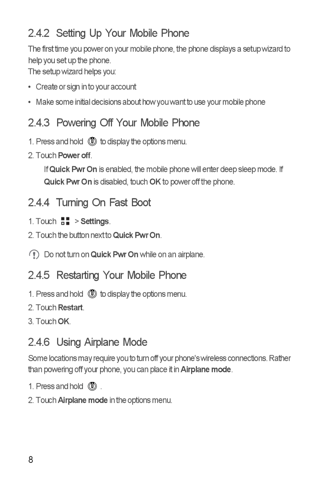 Huawei H881C manual Setting Up Your Mobile Phone, Powering Off Your Mobile Phone, Turning On Fast Boot, Using Airplane Mode 