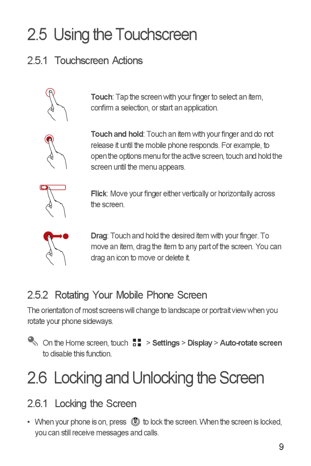 Huawei H881C manual Using the Touchscreen, Locking and Unlocking the Screen, Touchscreen Actions, Locking the Screen 