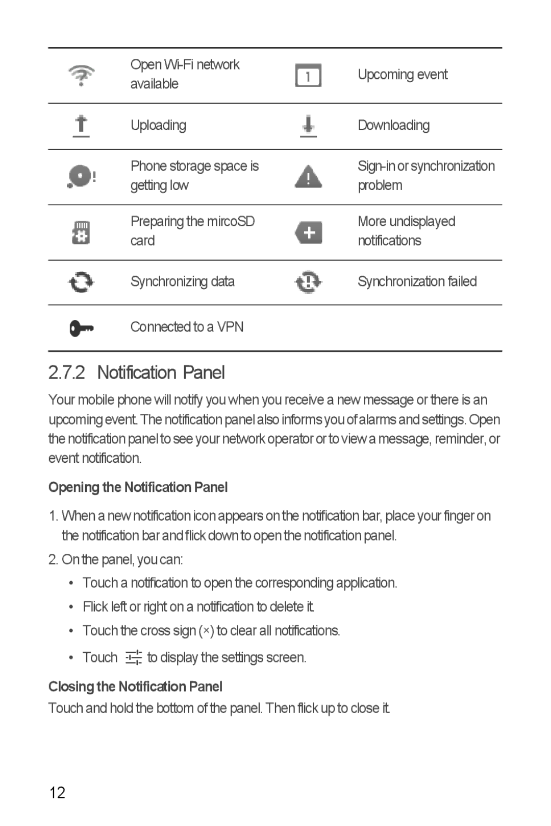 Huawei H881C manual Opening the Notification Panel, Closing the Notification Panel 