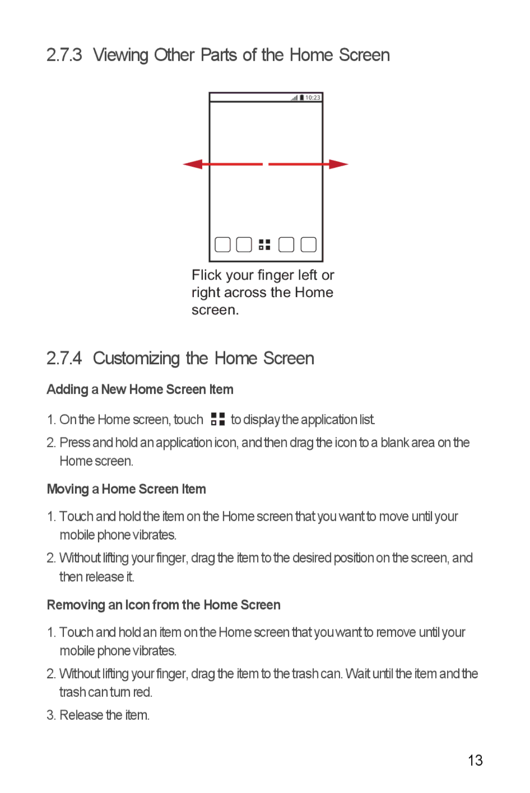 Huawei H881C manual Viewing Other Parts of the Home Screen, Customizing the Home Screen, Adding a New Home Screen Item 