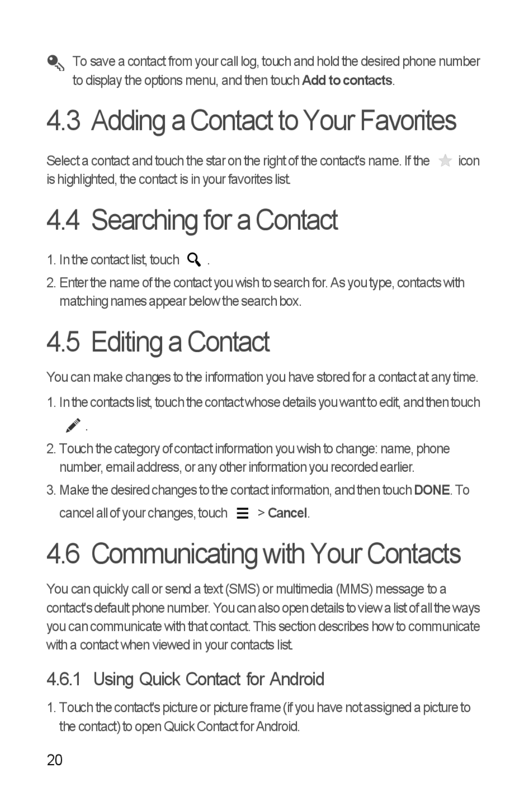 Huawei H881C manual Adding a Contact to Your Favorites, Searching for a Contact, Editing a Contact 