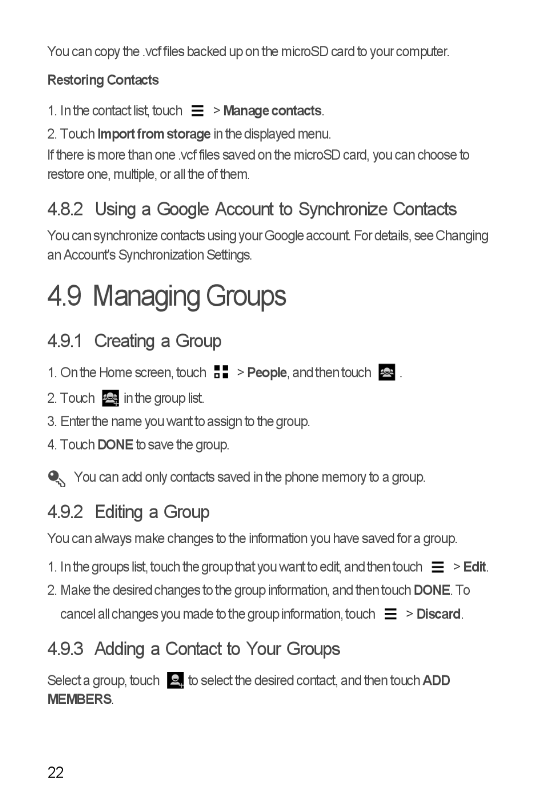 Huawei H881C manual Managing Groups, Using a Google Account to Synchronize Contacts, Creating a Group, Editing a Group 