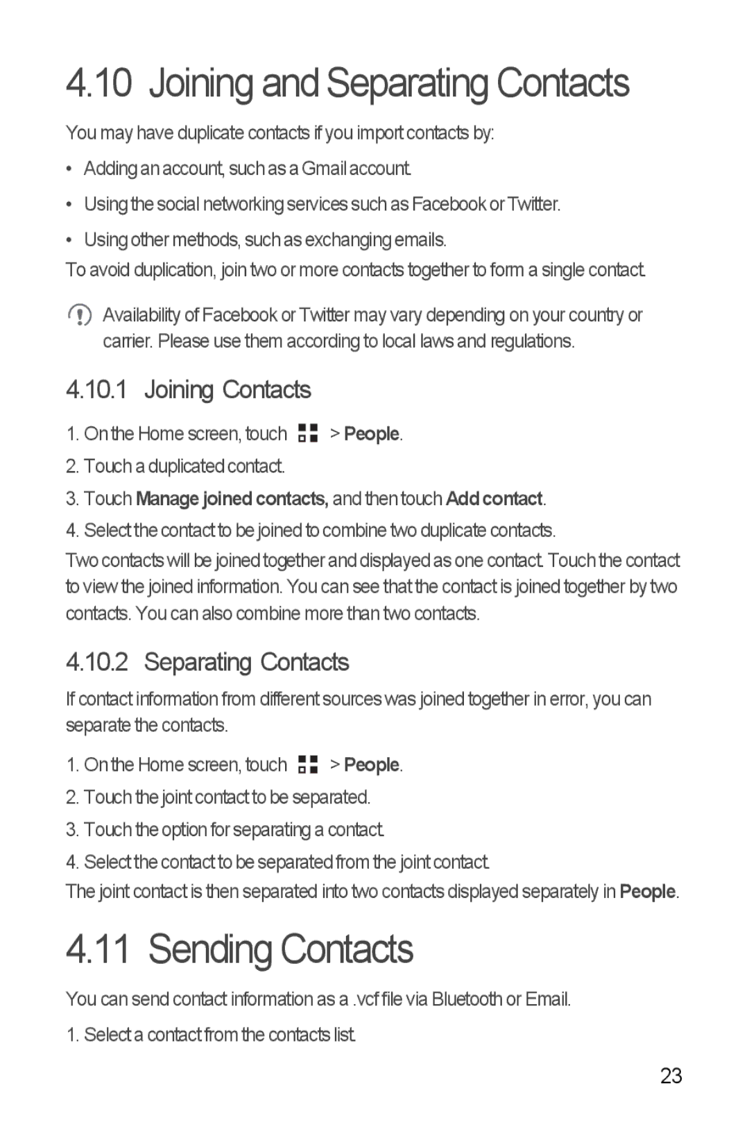 Huawei H881C manual Joining and Separating Contacts, Sending Contacts, Joining Contacts 