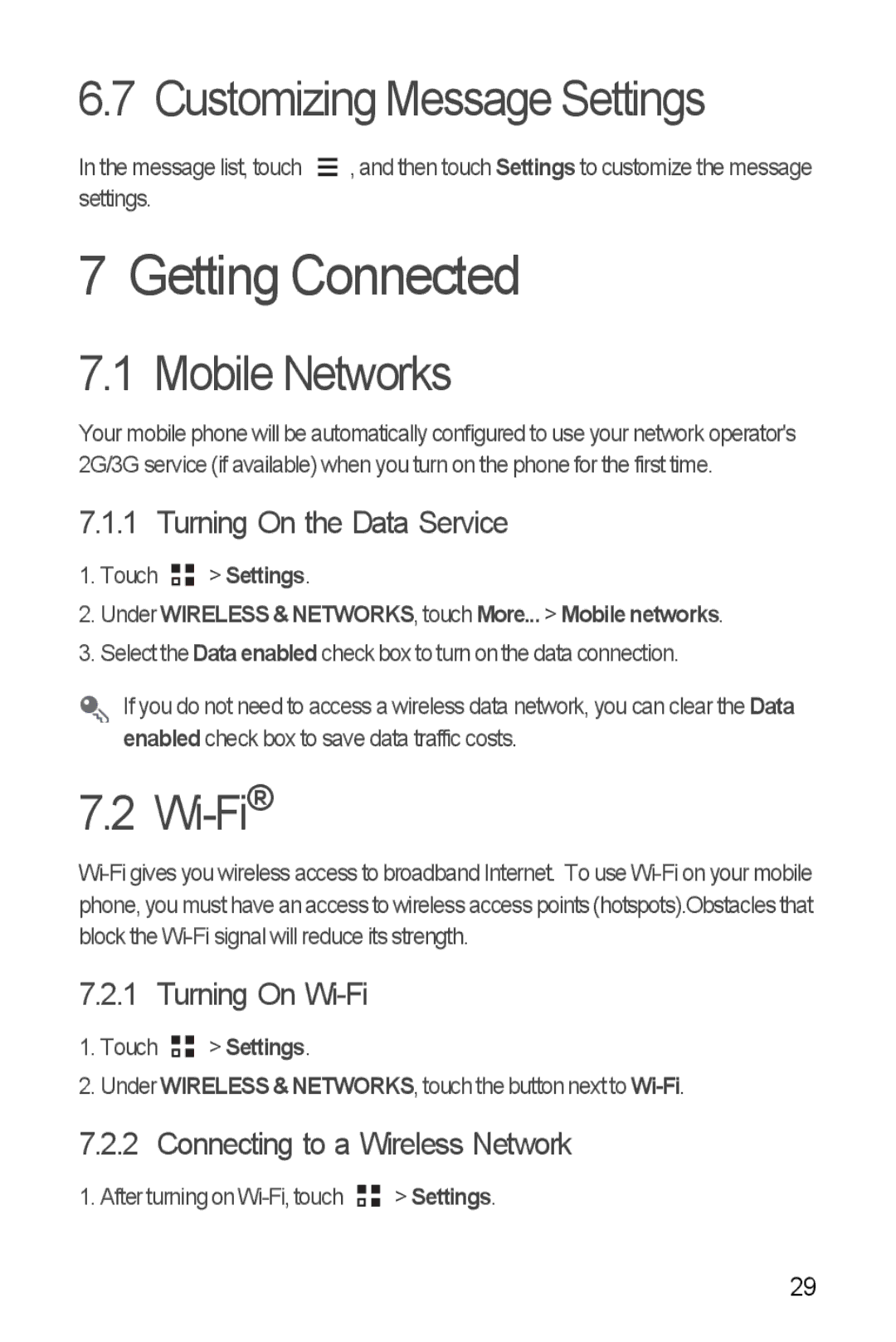 Huawei H881C manual Getting Connected, Customizing Message Settings, Mobile Networks, Wi-Fi 