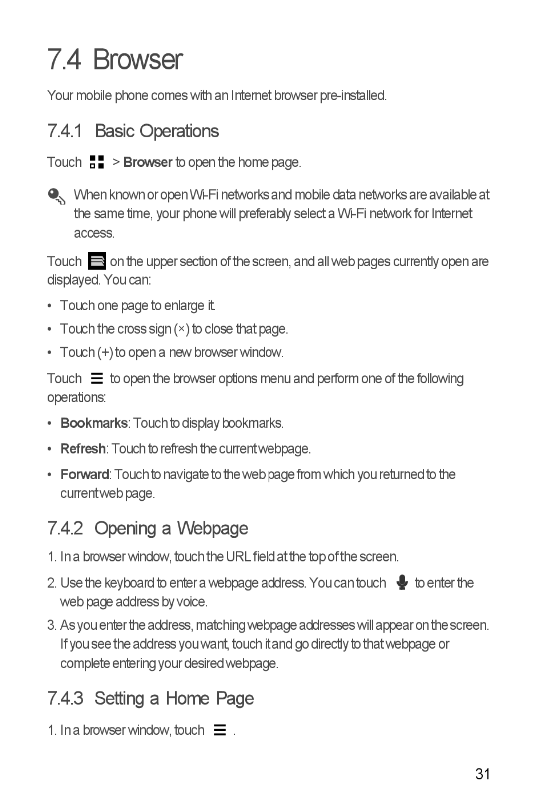 Huawei H881C manual Browser, Basic Operations, Opening a Webpage, Setting a Home, A browser window, touch 