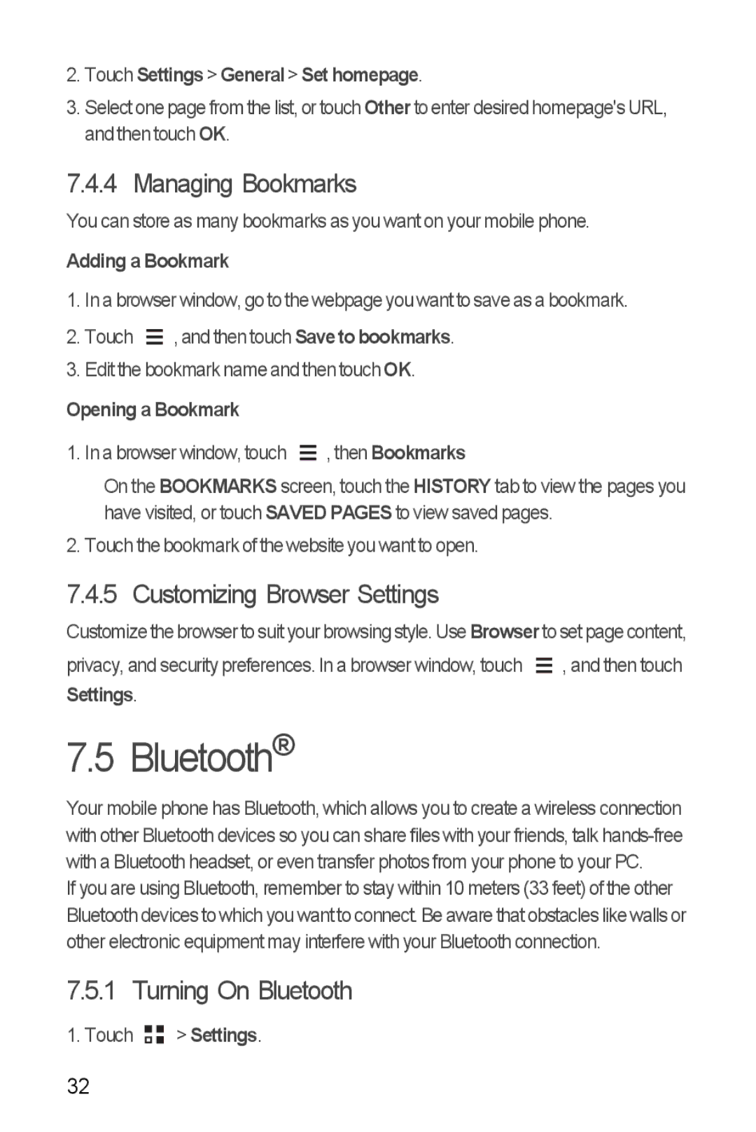 Huawei H881C manual Managing Bookmarks, Customizing Browser Settings, Turning On Bluetooth 