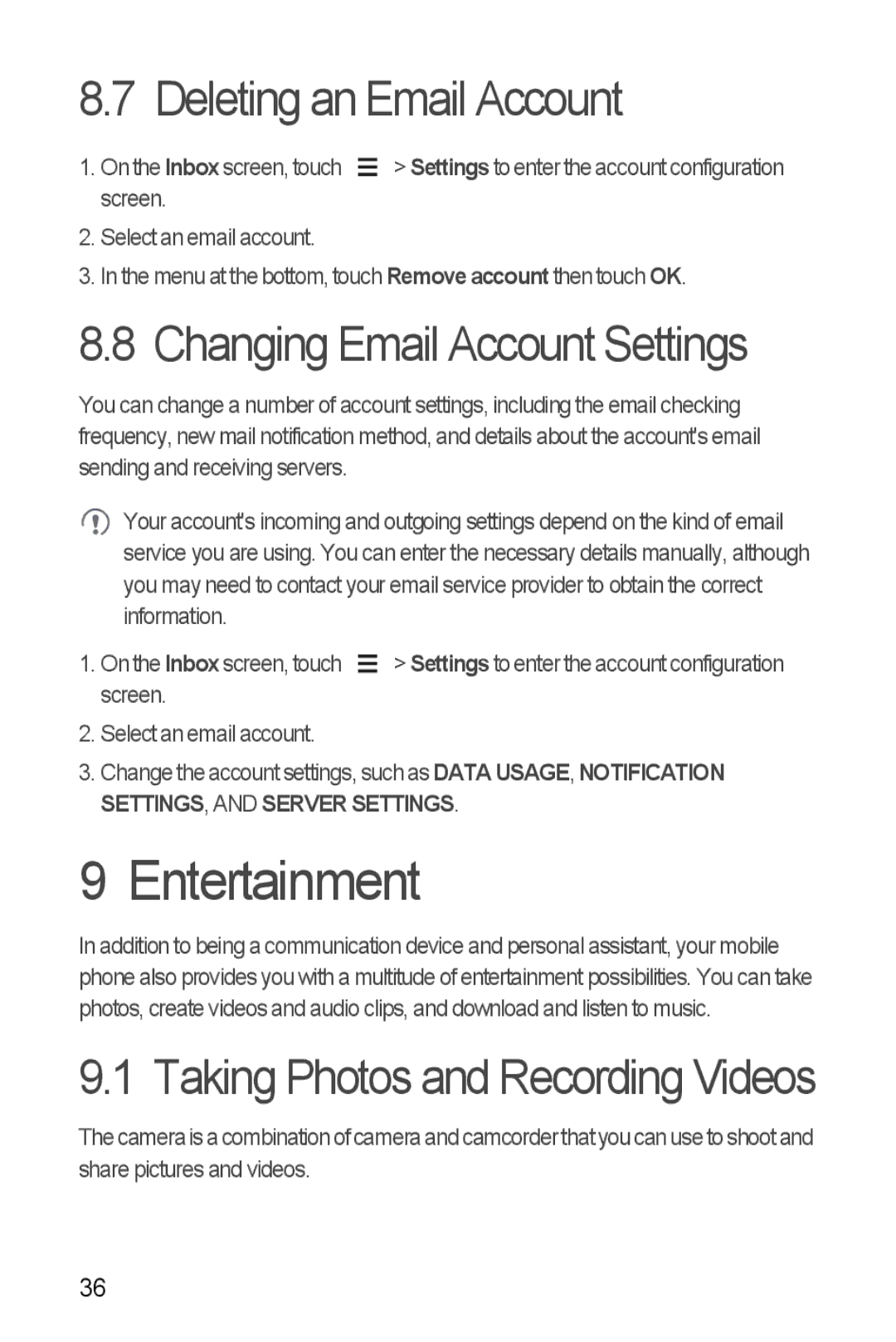 Huawei H881C manual Entertainment, Deleting an Email Account, Changing Email Account Settings 